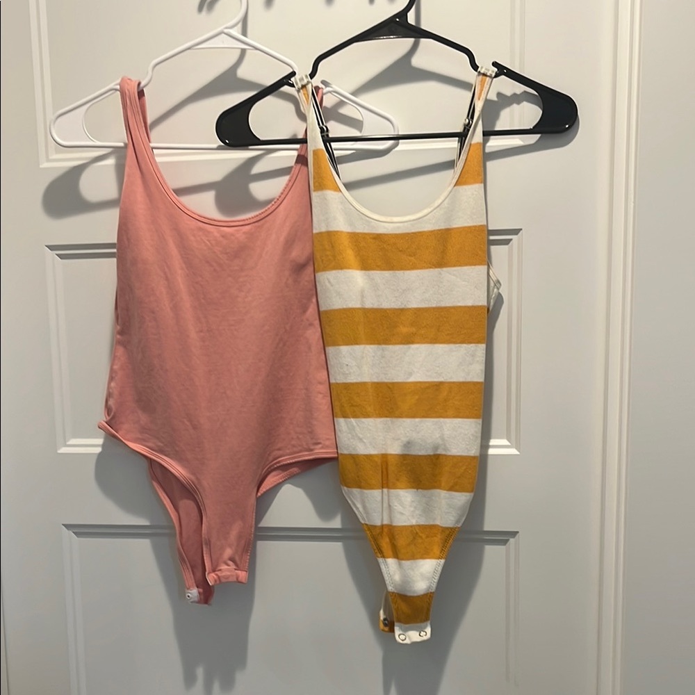 Striped Yellow and White Bodysuit & Solid Pink Bodysuit